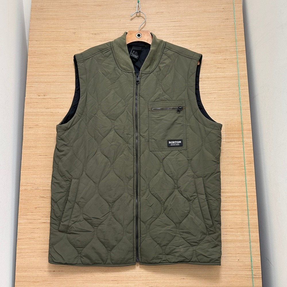 Burton Living Lining Quilted Vest Mens Large Olive Green Full Zip Bomber Collar